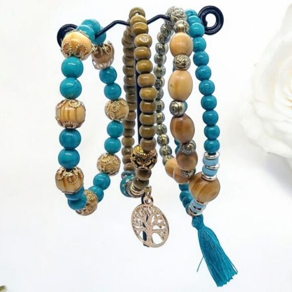 4pc Set Boho Turquoise Beaded Stacked Tree Tassel Charm Bracelet Stretch Beads - Picture 6 of 6